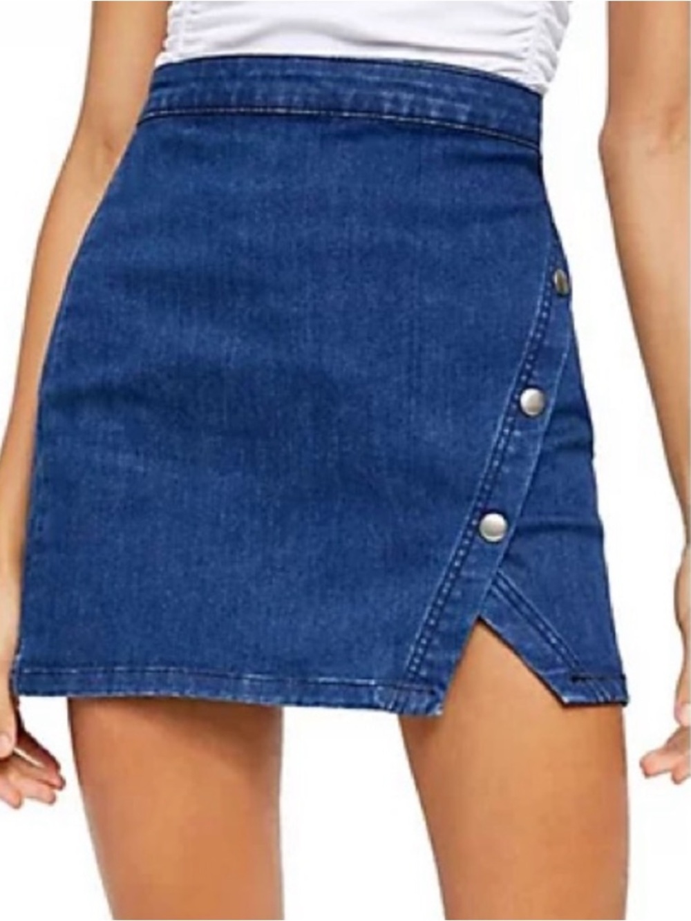 We The Free Blue Denim Notched Mini Skirt